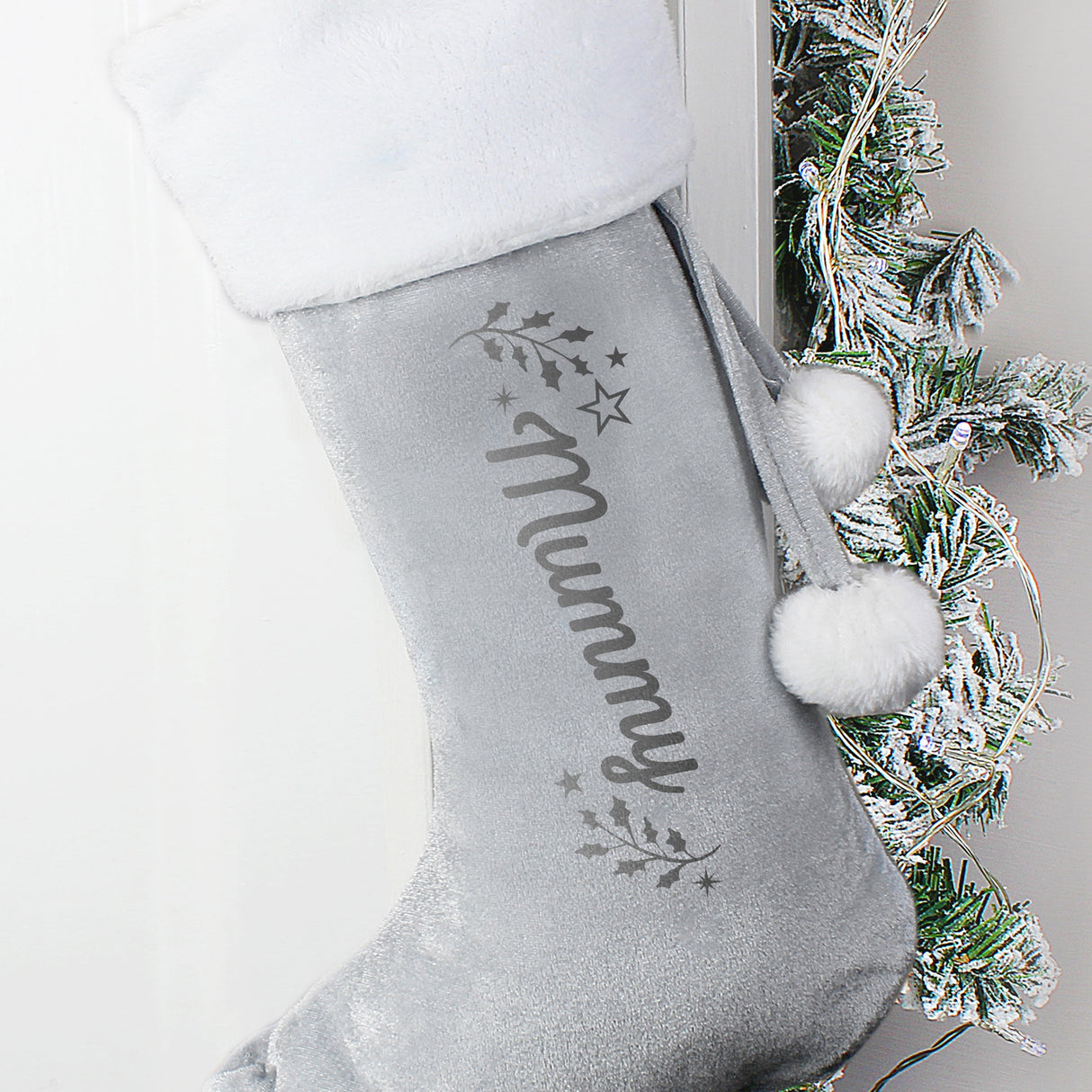 Personalised Holly Grey Christmas Stocking: 4 - Christmas Stockings By Gift Moments