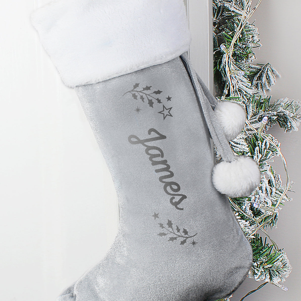 Personalised Holly Grey Christmas Stocking: 2 - Christmas Stockings By Gift Moments
