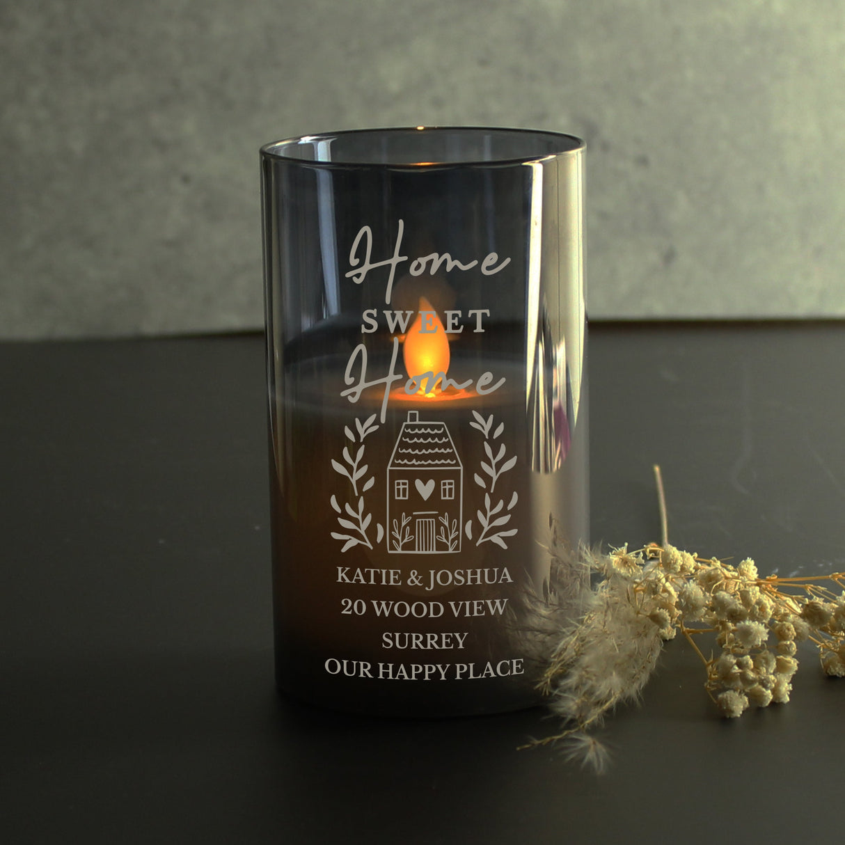 Personalised HOME Smoked Glass LED Candle: 6 - LED Lighting By Gift Moments