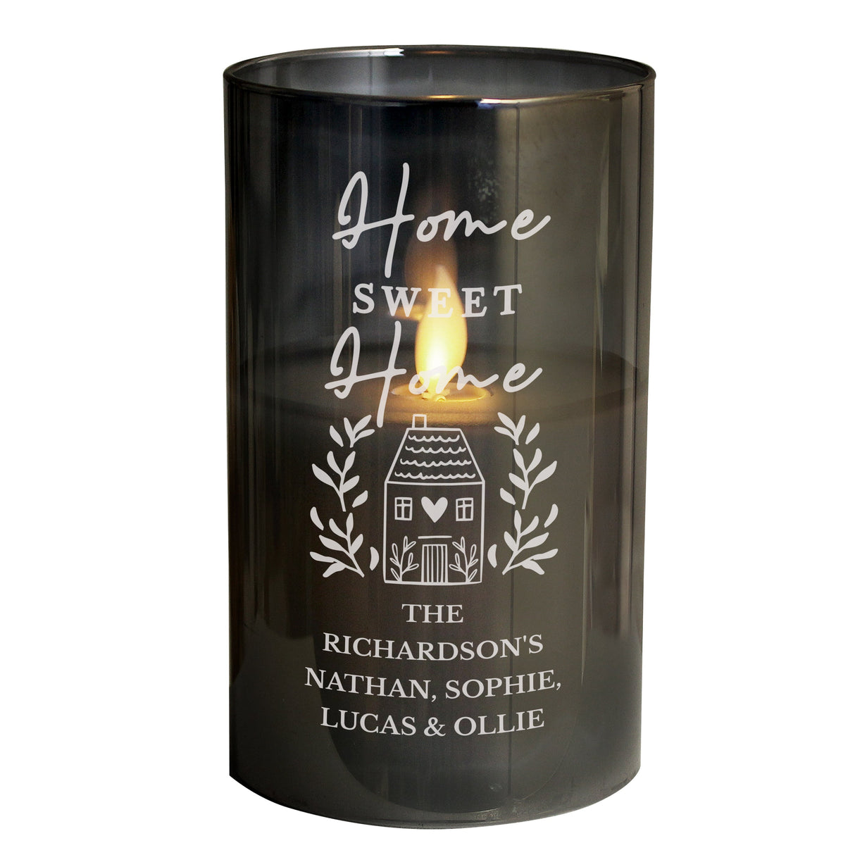 Personalised HOME Smoked Glass LED Candle: 5 - LED Lighting By Gift Moments
