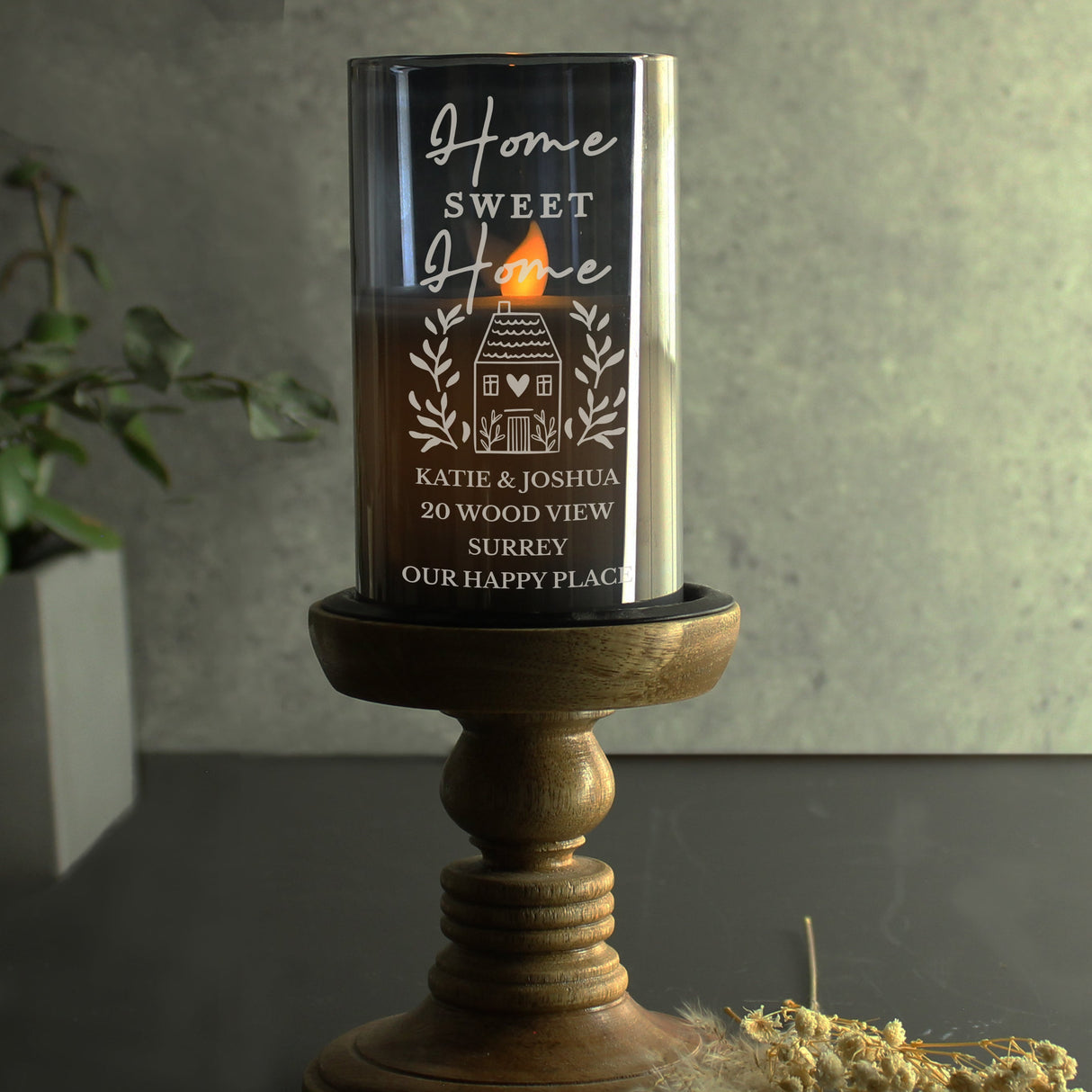 Personalised HOME Smoked Glass LED Candle: 3 - LED Lighting By Gift Moments