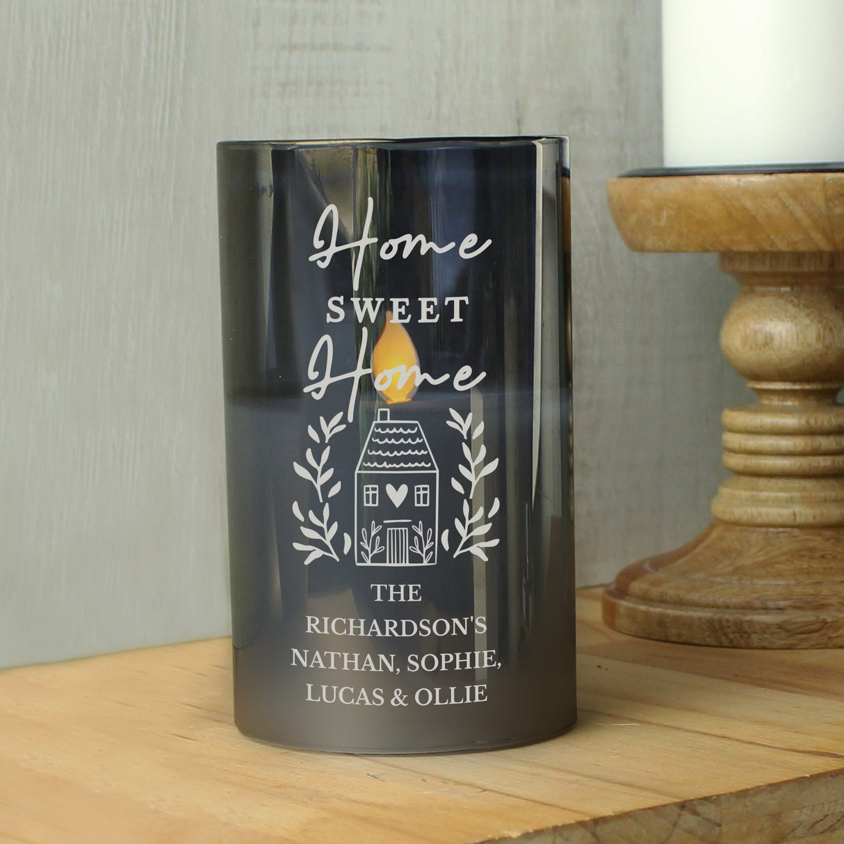 Personalised HOME Smoked Glass LED Candle: 1 - LED Lighting By Gift Moments