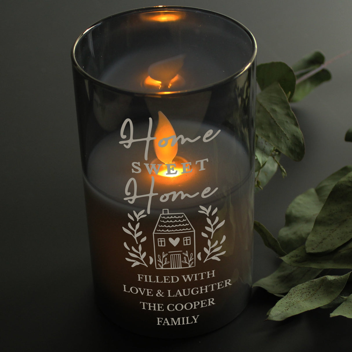 Personalised HOME Smoked Glass LED Candle: 2 - LED Lighting By Gift Moments