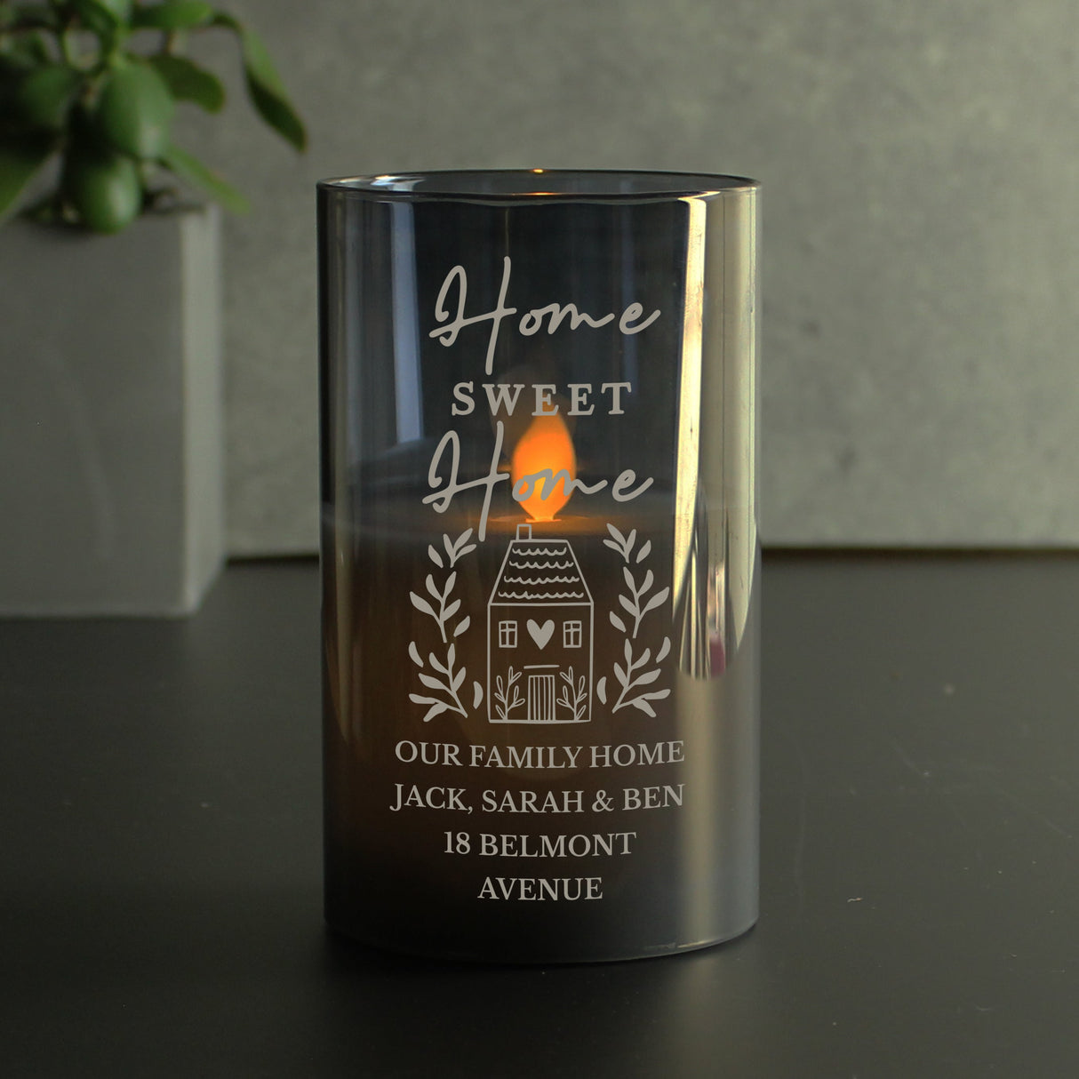 Personalised HOME Smoked Glass LED Candle: 4 - LED Lighting By Gift Moments