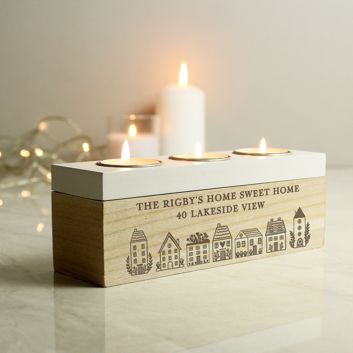Personalised HOME Triple Tea Light Box: 2 - Candle Holders By Gift Moments