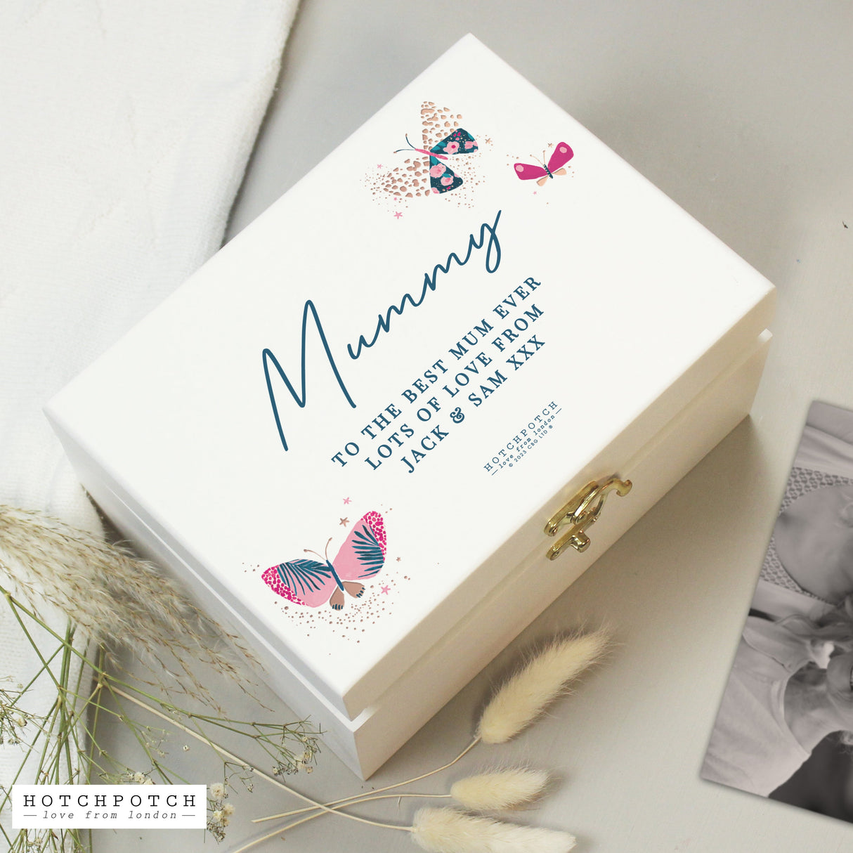 Personalised Hotchpotch Butterfly White Wooden Keepsake Box: 5 - Keepsake Boxes By Gift Moments
