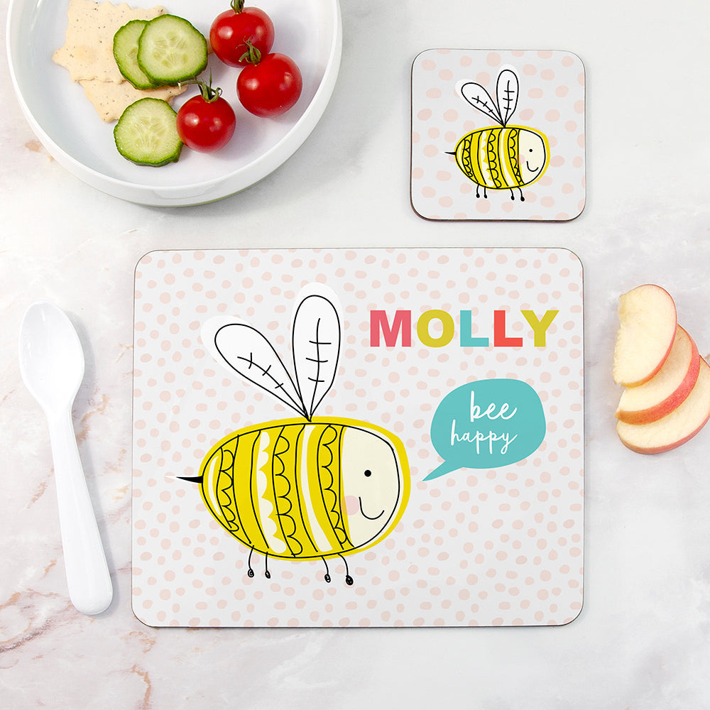 Personalised Kid’s Bee Happy Placemat & Coaster Set: 1 - Placemats By Gift Moments