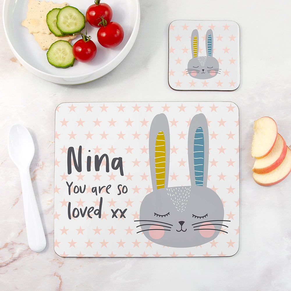 Personalised Kid’s Bunny Placemat & Coaster Sets: 3 - Grey - Placemats By Gift Moments