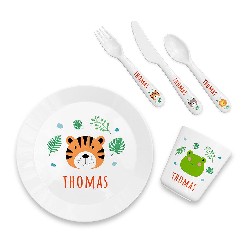 Personalised Kids Jungle Animal Plastic Dining Set: 5 - Tableware By Gift Moments
