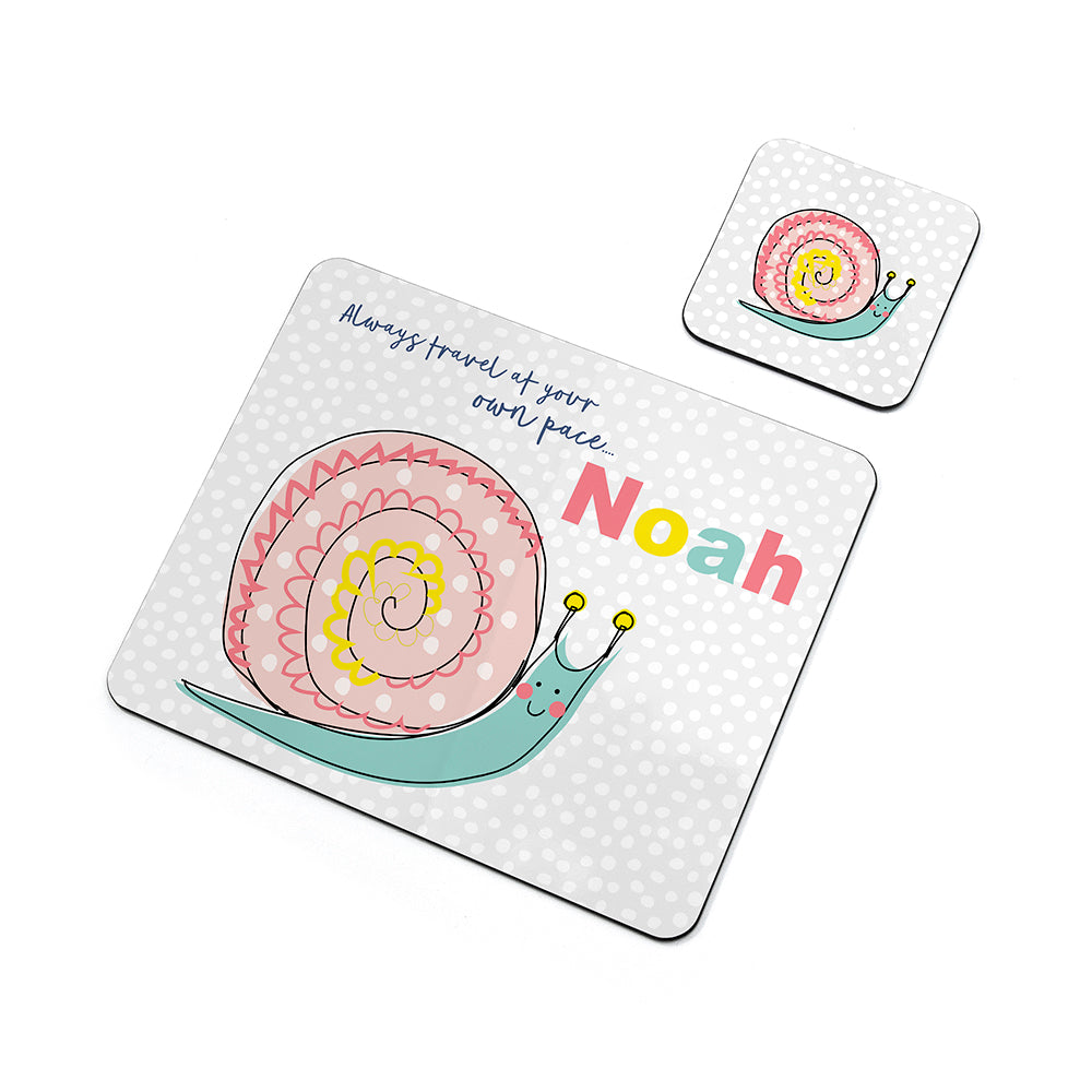 Personalised Kid’s Snail Placemat & Coaster Set: 3 - Placemats By Gift Moments