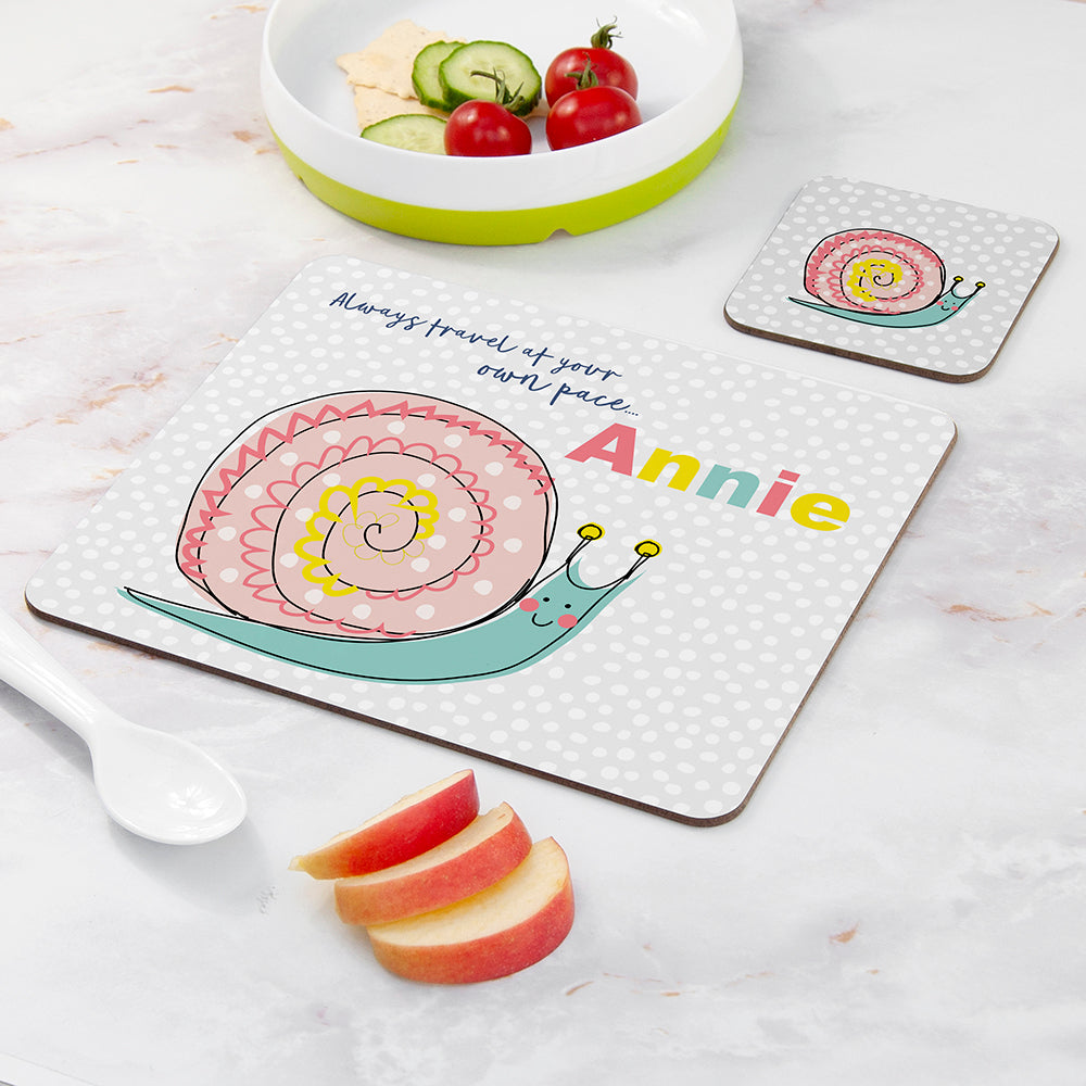 Personalised Kid’s Snail Placemat & Coaster Set: 2 - Placemats By Gift Moments