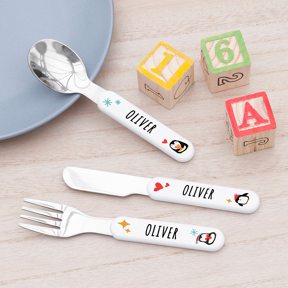 Personalised Kids Winter Penguin Cutlery Set - Shop Cutlery Sets At Gift Moments - 1