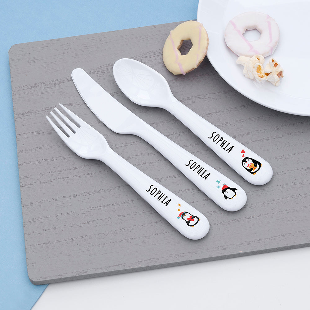 Personalised Kids Winter Penguin Plastic Dining Set: 4 - Tableware By Gift Moments