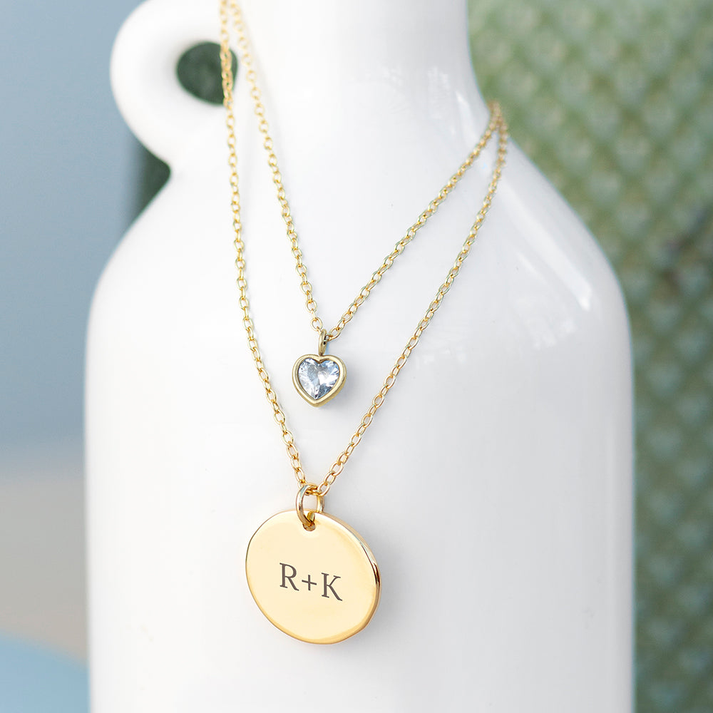Personalised Layered Crystal Heart and Disc Necklace Set: 1 - Gold - Necklaces By Gift Moments