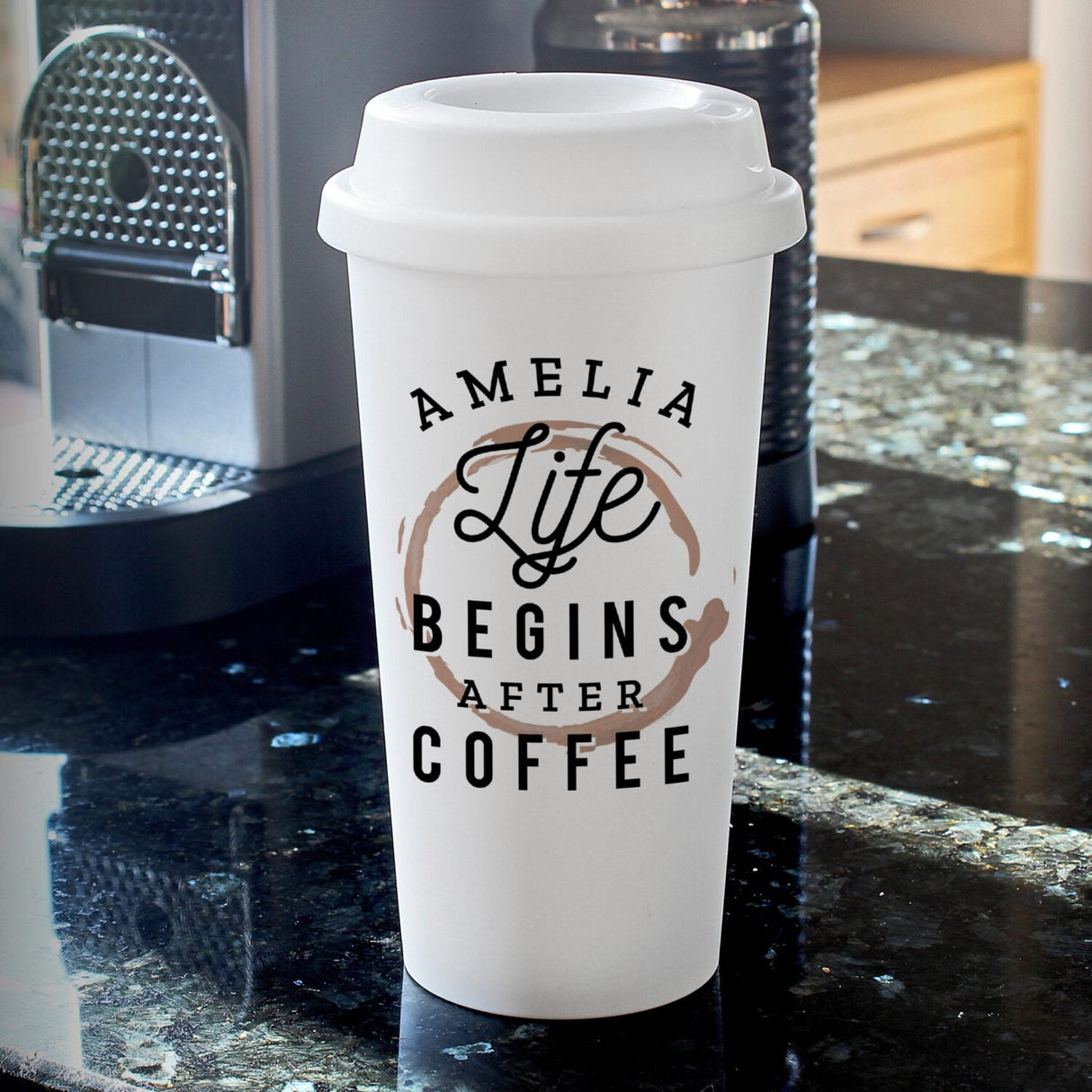 Personalised ’Life Begins After Coffee’ Insulated Reusable Eco Travel Cup: 2 - Travel Mugs By Gift Moments