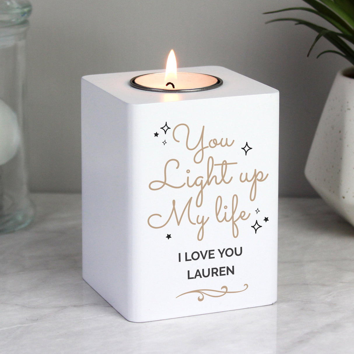 Personalised Light Up My Life White Wooden Tealight Holder - Shop Candle Holders At Gift Moments - 2