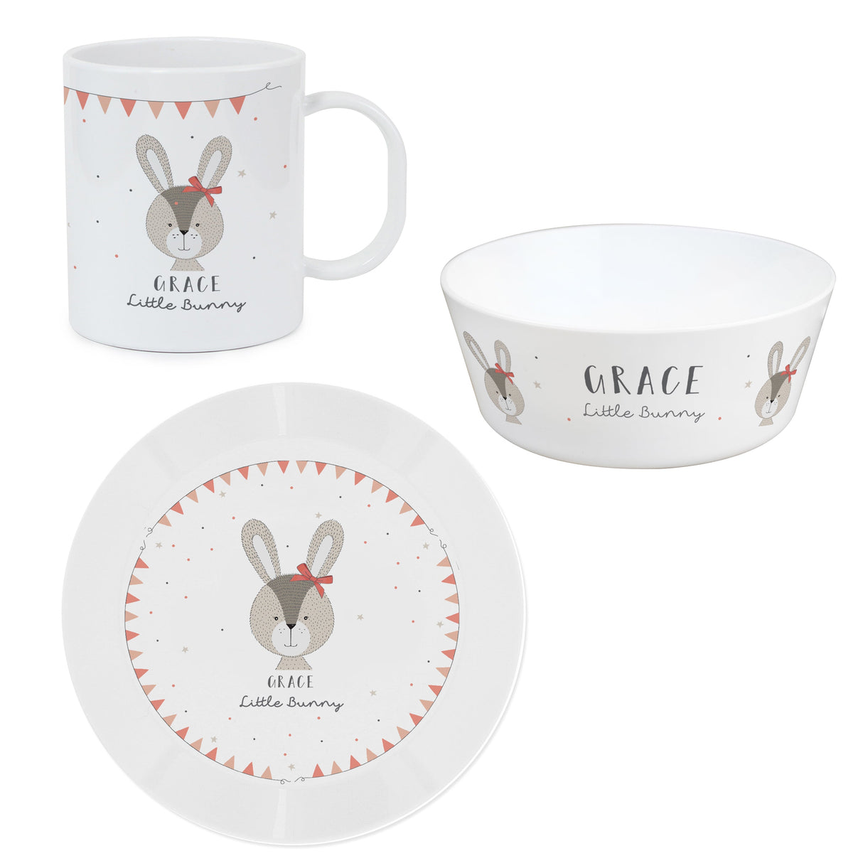 Personalised Little Bunny Pink Plastic Breakfast Set: 3 - Tableware By Gift Moments