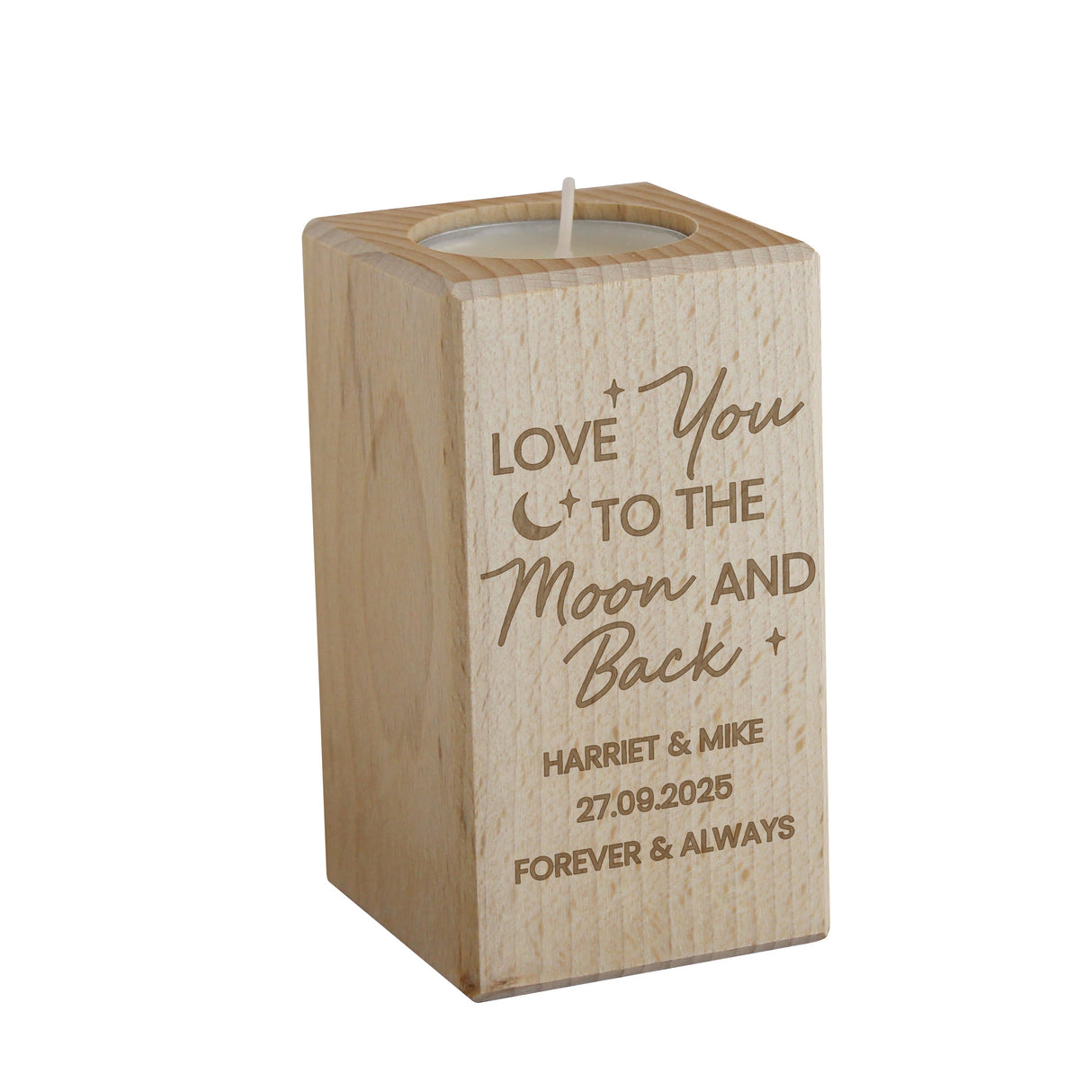 Personalised Love You To The Moon Wooden Tealight Holder: 4 - Candle Holders By Gift Moments