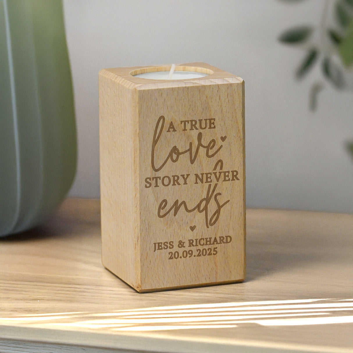 Personalised Love Story Wooden Tealight Holder: 3 - Candle Holders By Gift Moments