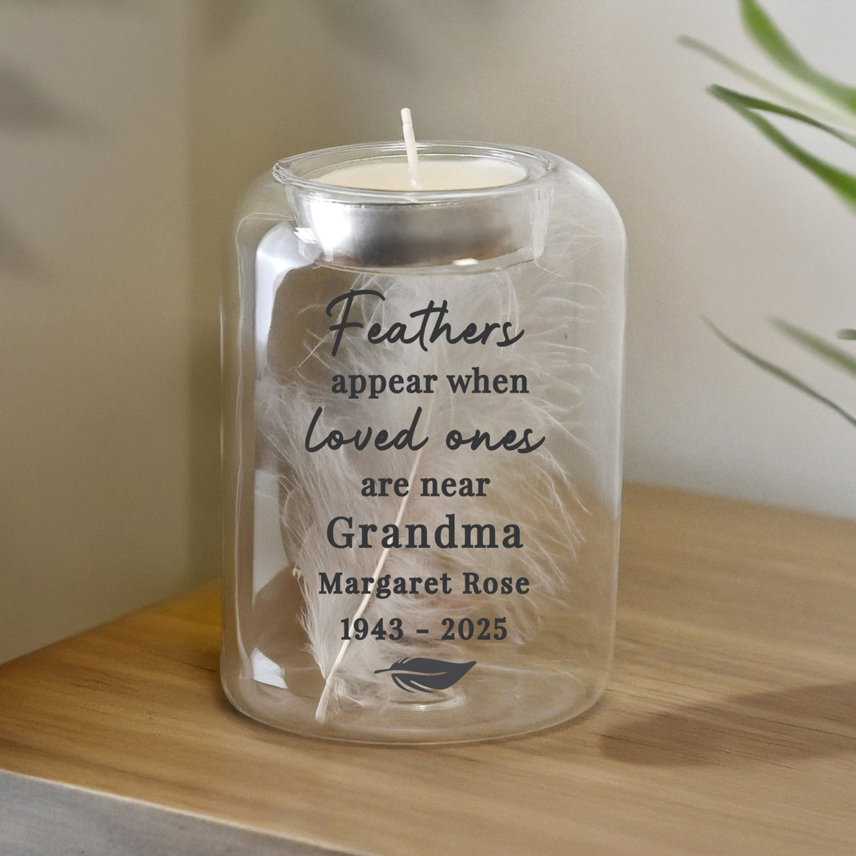 Personalised Loved Ones Memorial Feather Tealight Holder: 1 - Candle Holders By Gift Moments