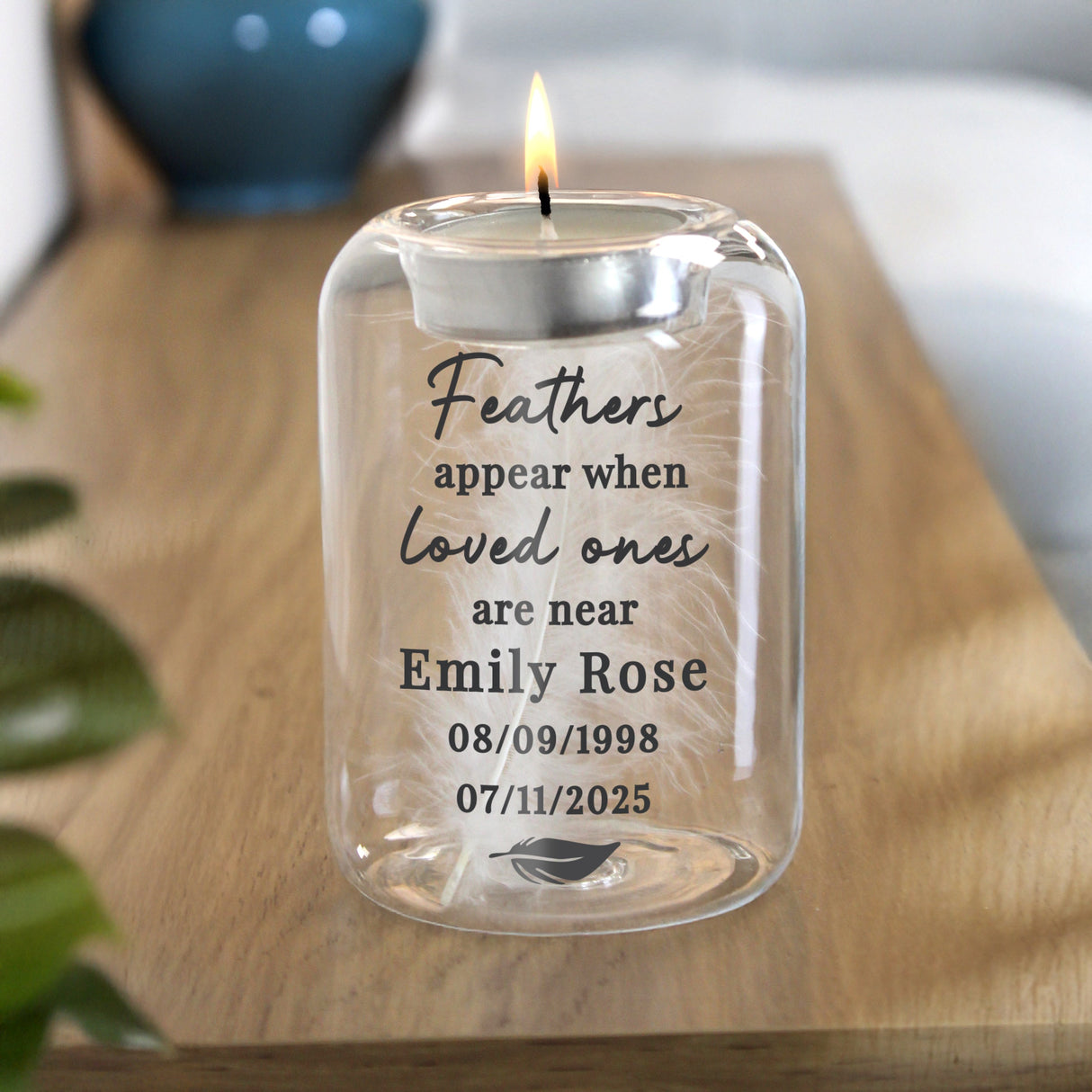 Personalised Loved Ones Memorial Feather Tealight Holder: 2 - Candle Holders By Gift Moments