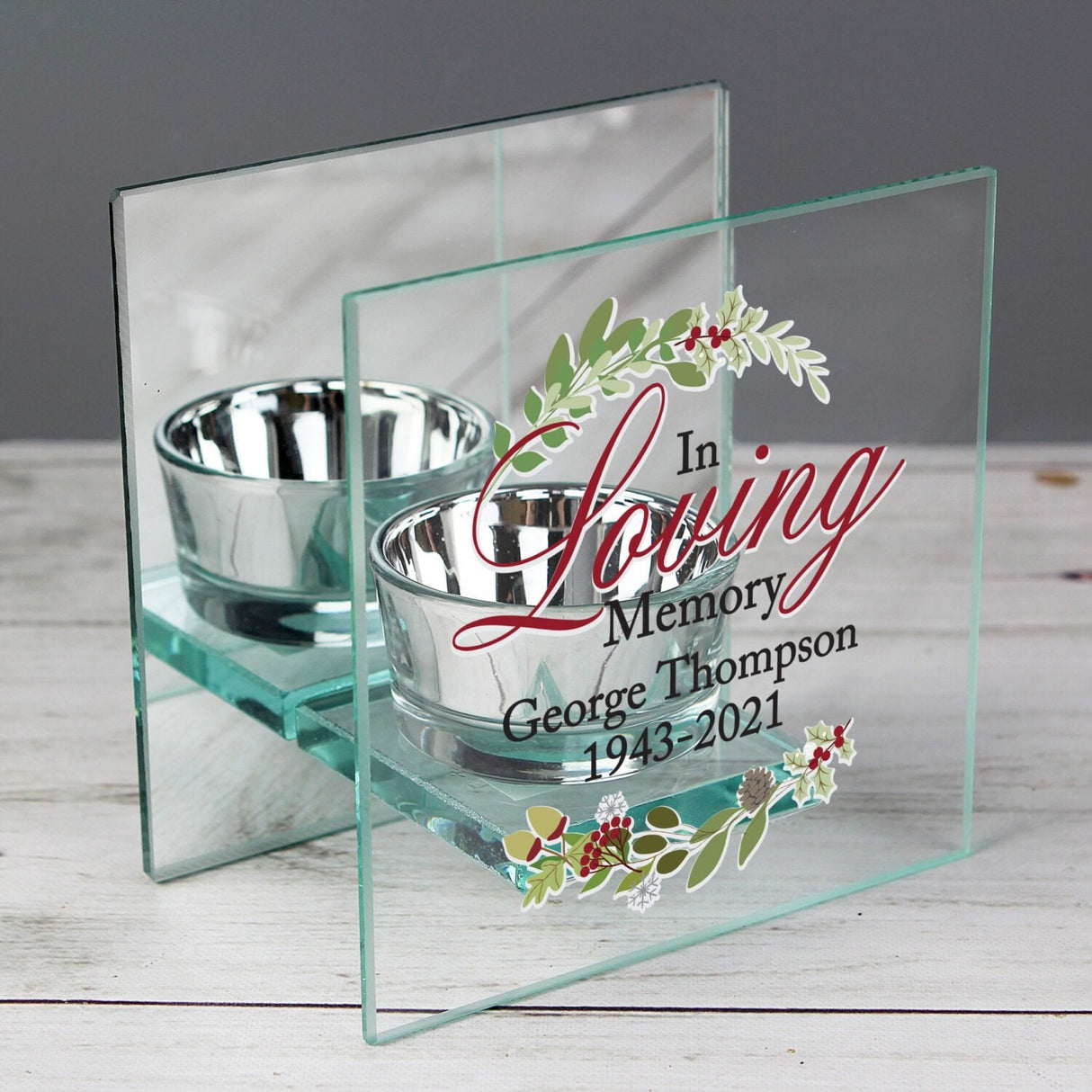 Personalised In Loving Memory Christmas Mirrored Glass Tea Light Candle Holder: 2 - Candle Holders By Gift Moments