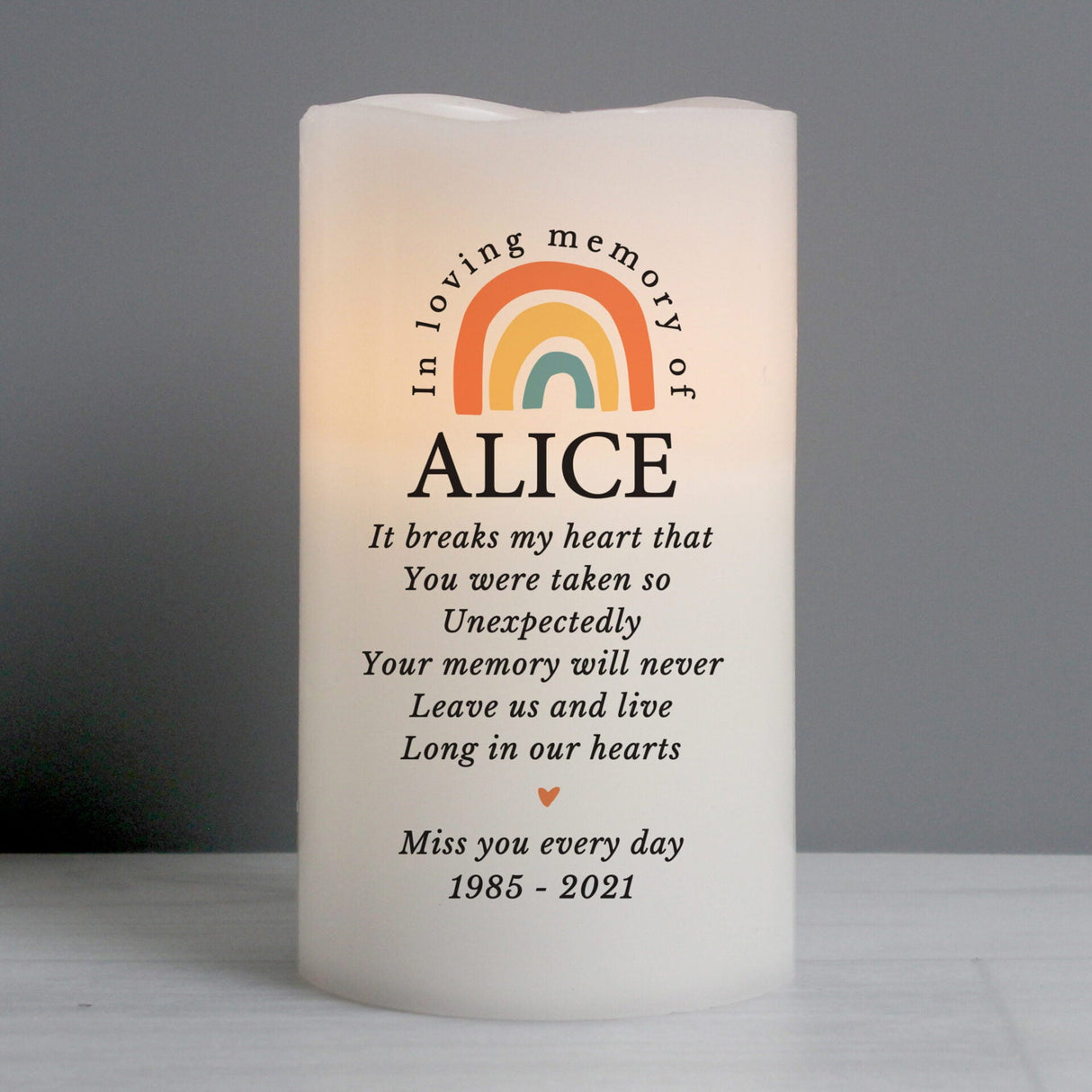 Personalised In Loving Memory Rainbow LED candle: 3 - LED Lighting By Gift Moments