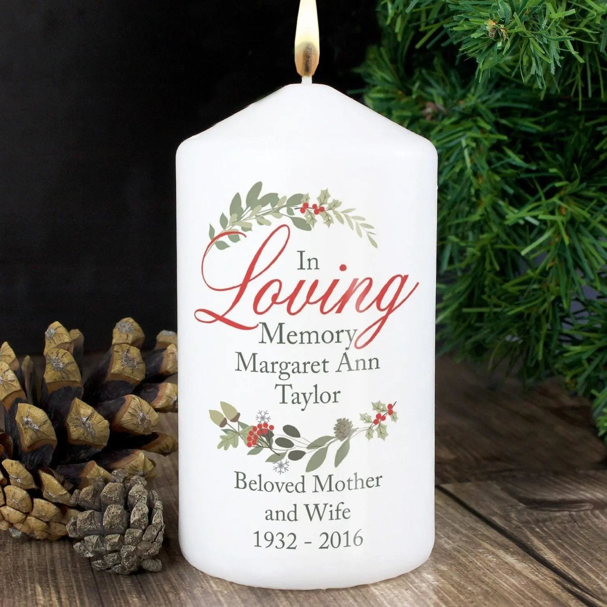 Personalised In Loving Memory Wreath Pillar Candle: 1 - Candles By Gift Moments