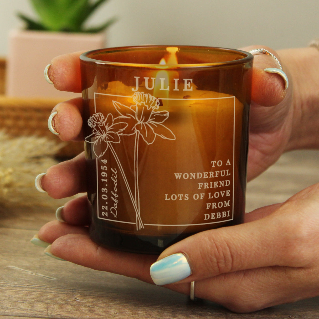 Personalised March Birth Flower Amber Glass Candle: 4 - Candles By Gift Moments