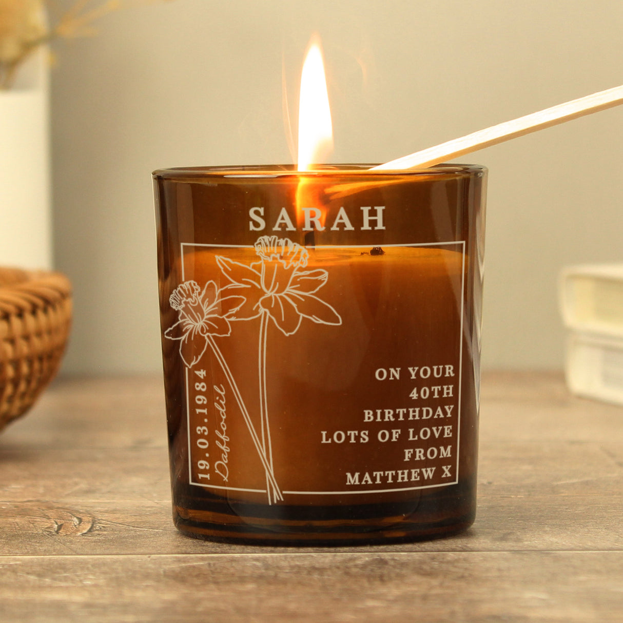 Personalised March Birth Flower Amber Glass Candle: 3 - Candles By Gift Moments