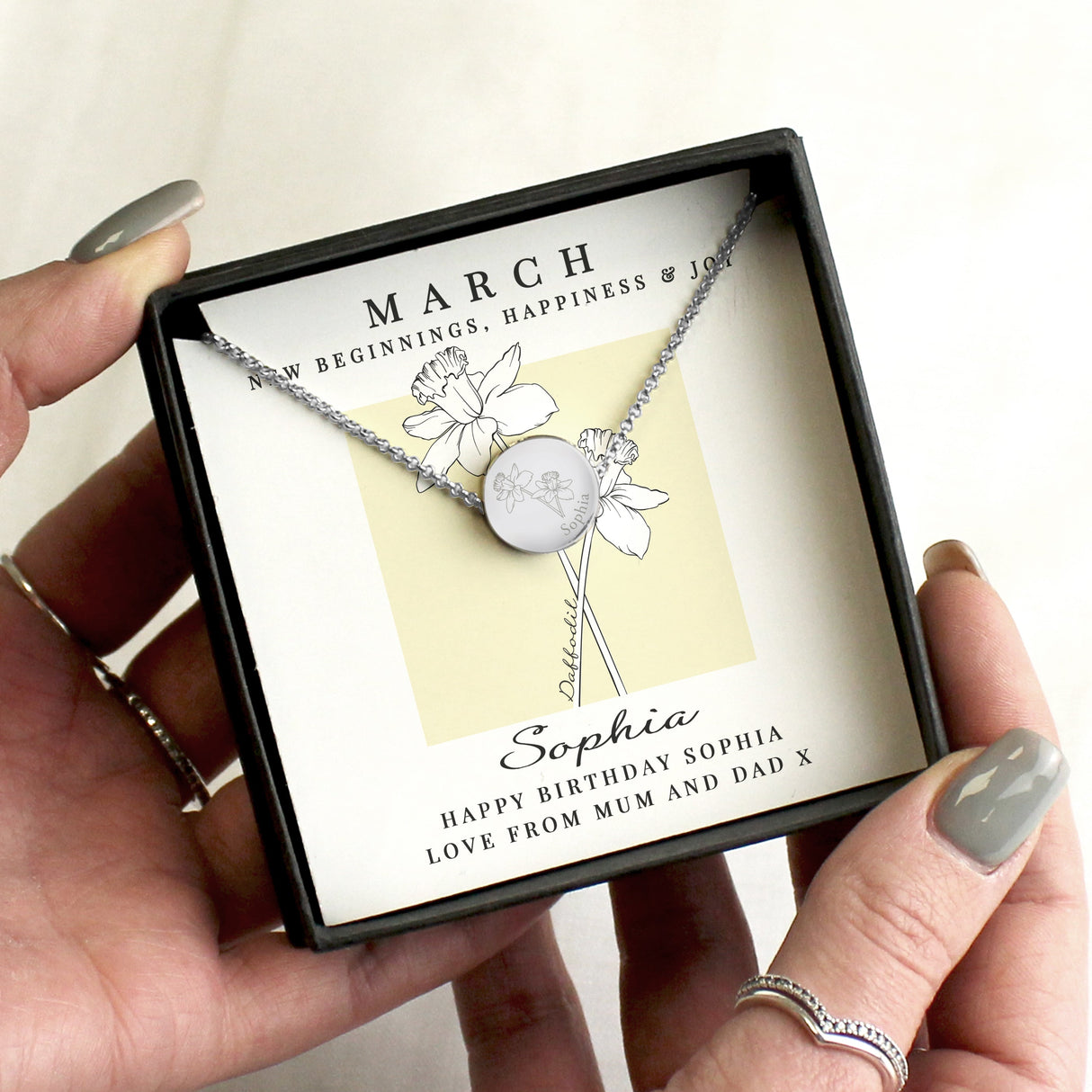 Personalised March Birth Flower Necklace and Box - Shop Necklaces At Gift Moments - 1