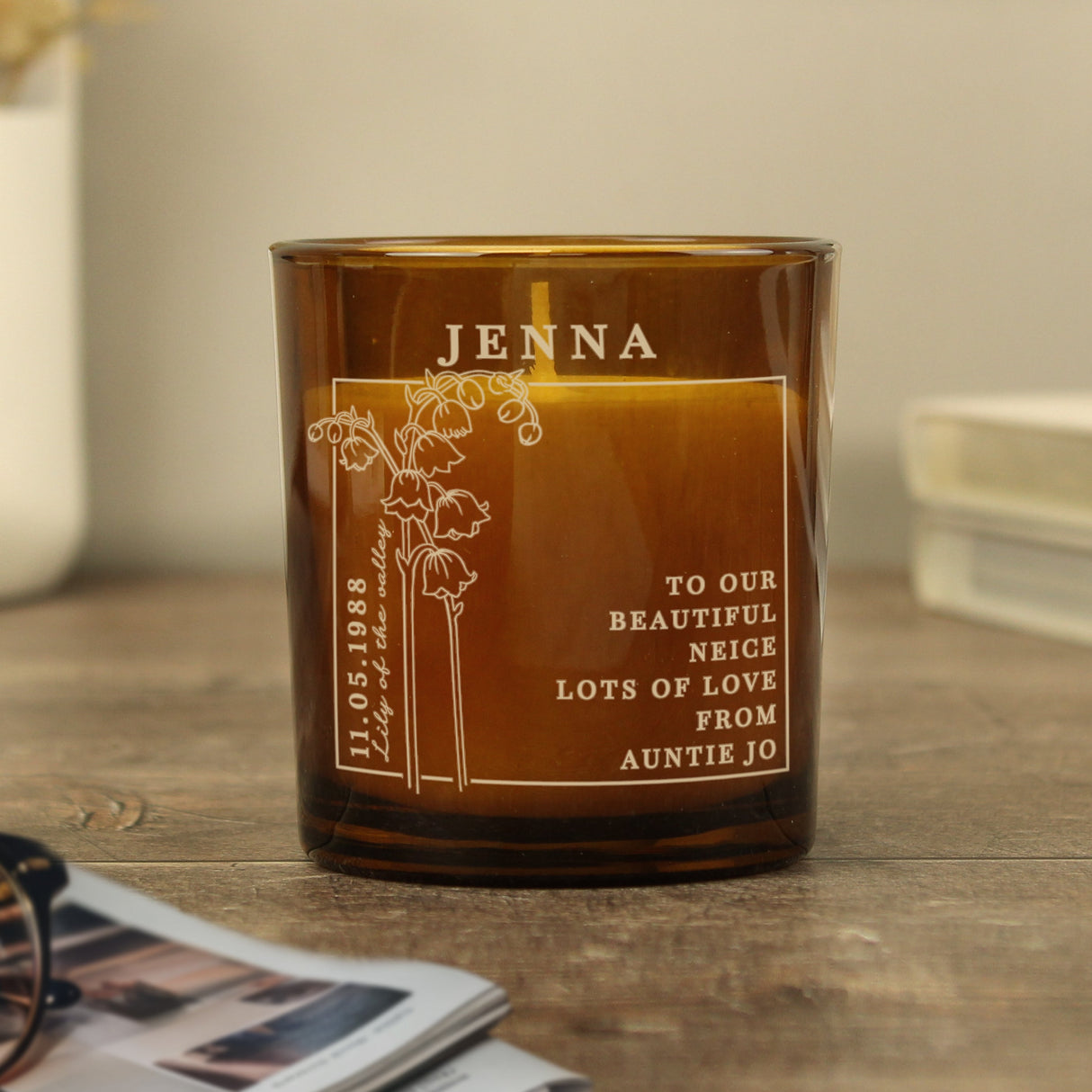 Personalised May Birth Flower Amber Glass Candle: 6 - Candles By Gift Moments