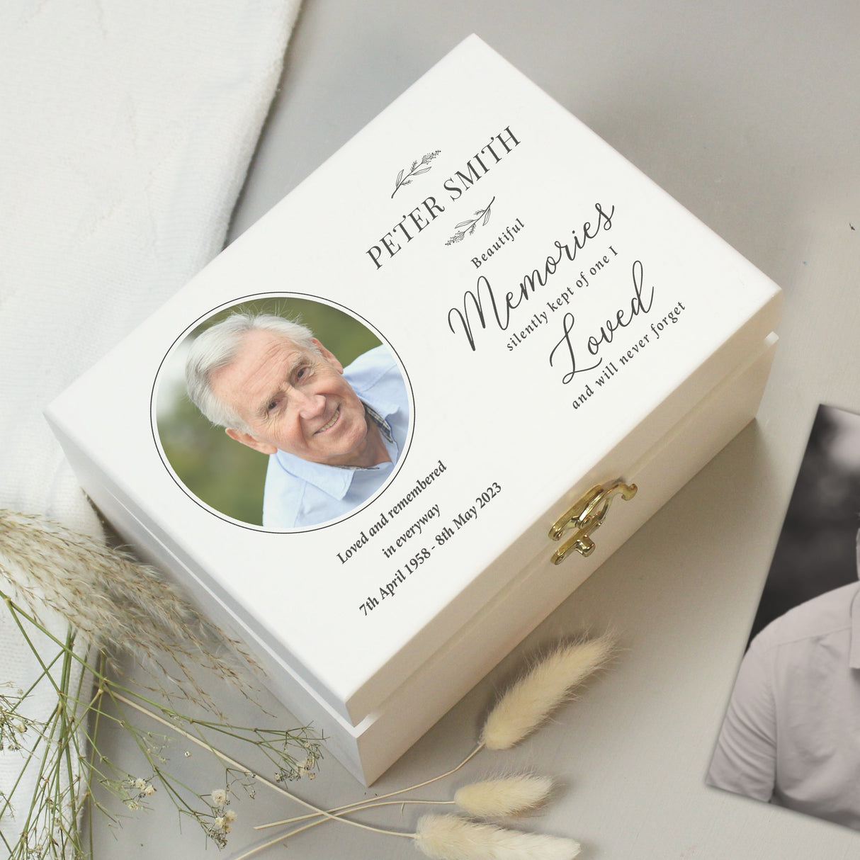 Personalised Memorial Photo Upload White Wooden Box - Shop Keepsake Boxes At Gift Moments - 1