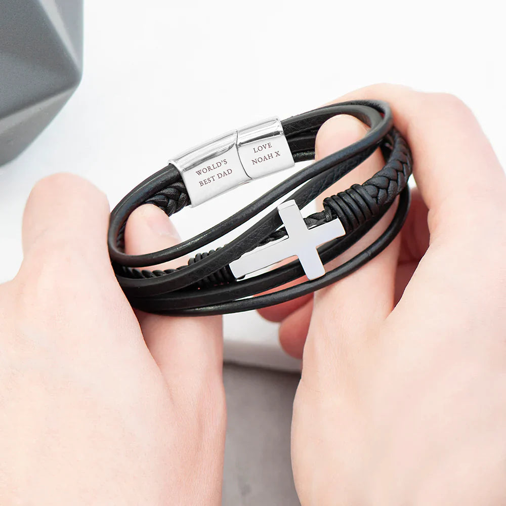 Personalised Men’s Black Leather Cross Stacked Bracelet - Shop Bracelets At Gift Moments - 1
