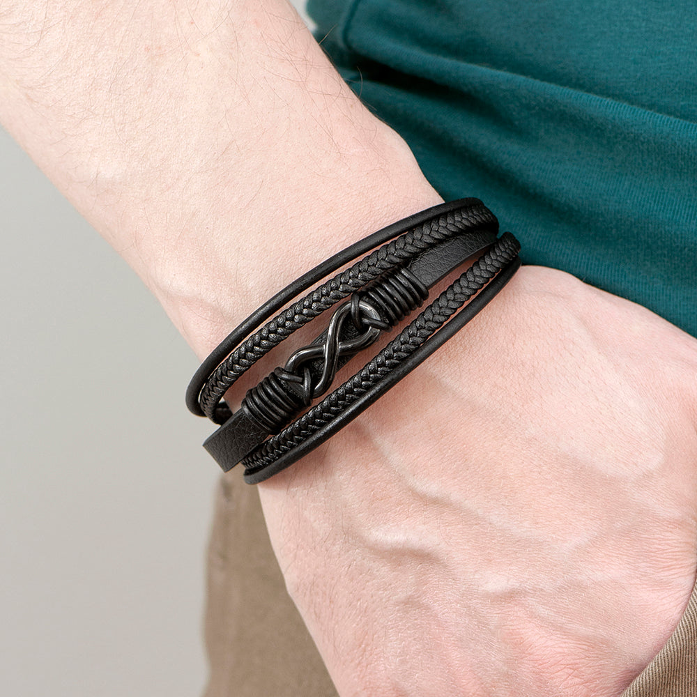 Personalised Men’s Infinity Black Leather Stacked Bracelet - Shop Bracelets At Gift Moments - 1
