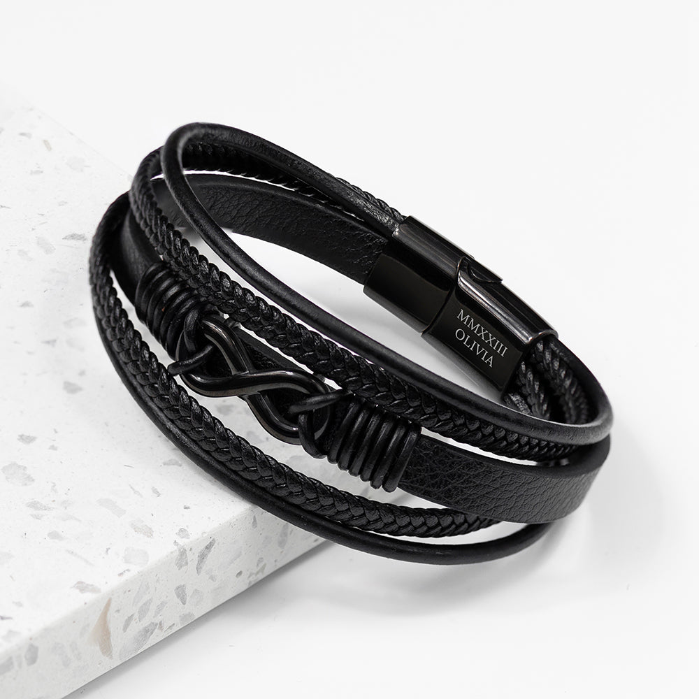 Personalised Men’s Infinity Black Leather Stacked Bracelet - Shop Bracelets At Gift Moments - 2