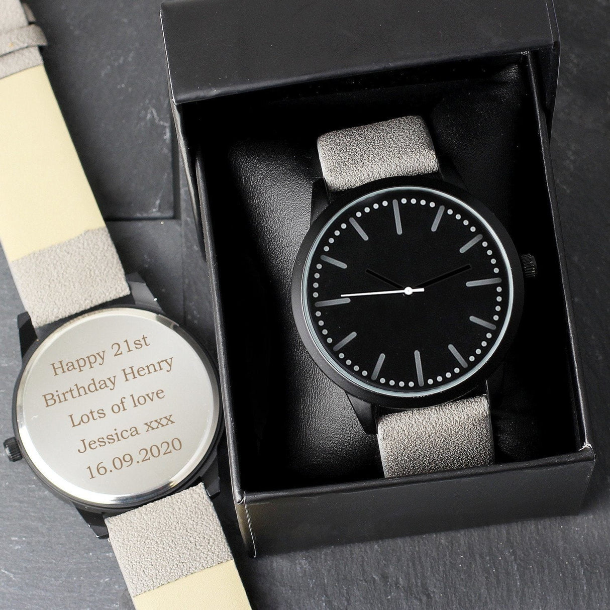 Personalised Mens Matte Black Watch with Grey Strap and Presentation Box: 1 - Watches By Gift Moments