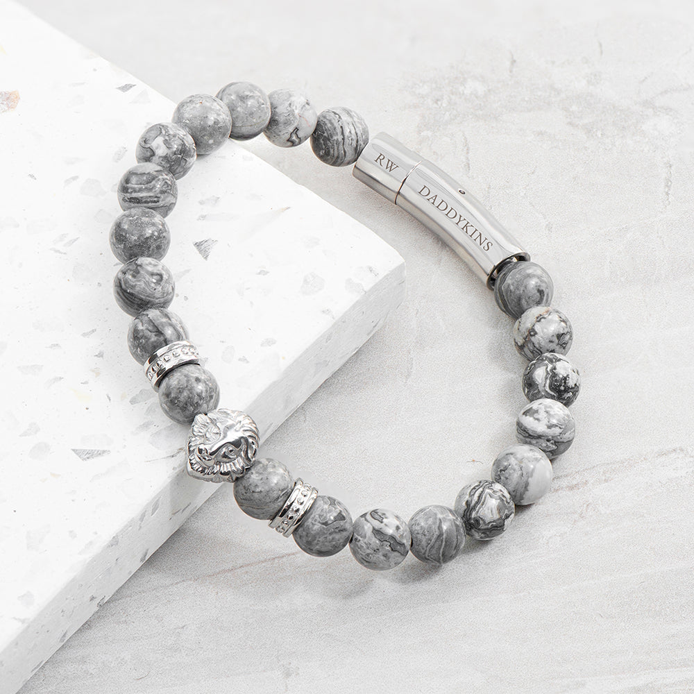 Personalised Men’s Silver Lion Jasper Stone Bracelet - Shop Bracelets At Gift Moments - 1