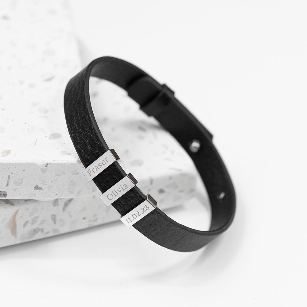 Personalised Men’s Soho Triple Tag Leather Bracelets - Black - Shop Bracelets At Gift Moments - 1