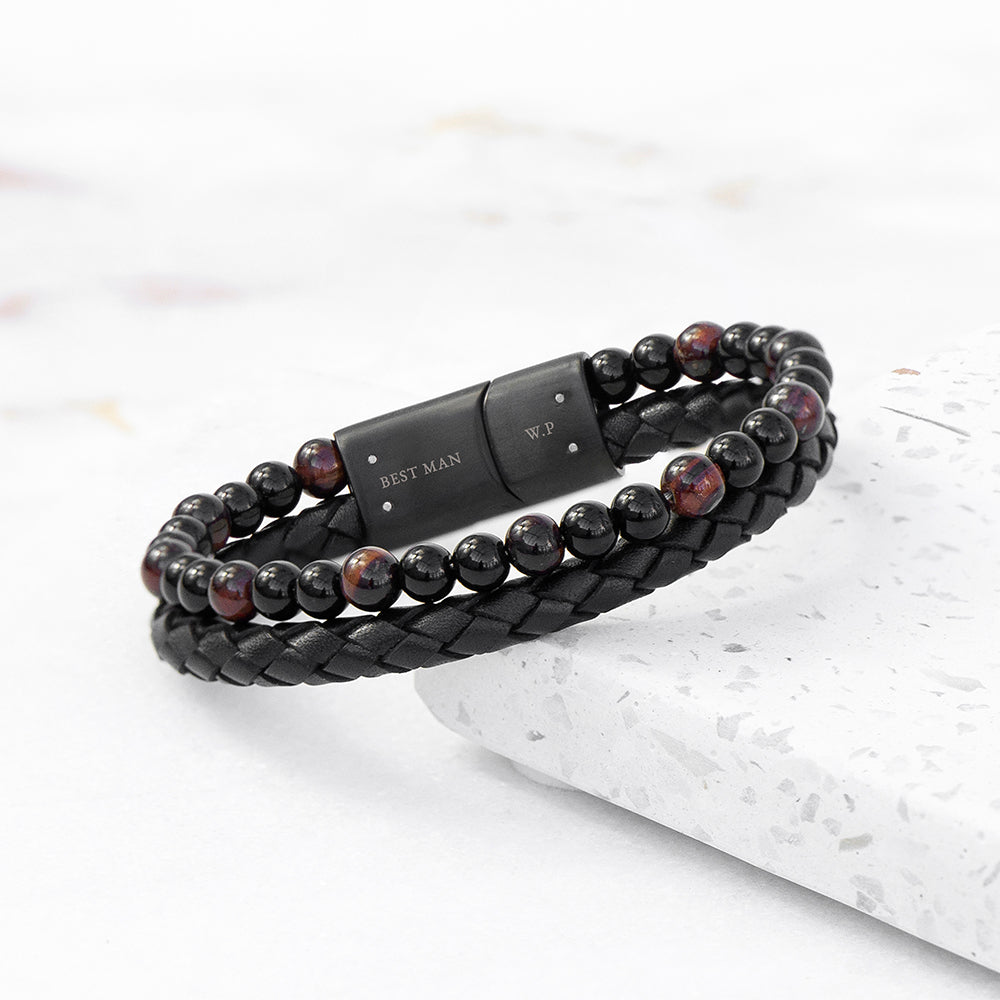 Personalised Men’s Tigers Eye Leather and Bead Bracelet - Shop Bracelets At Gift Moments - 1