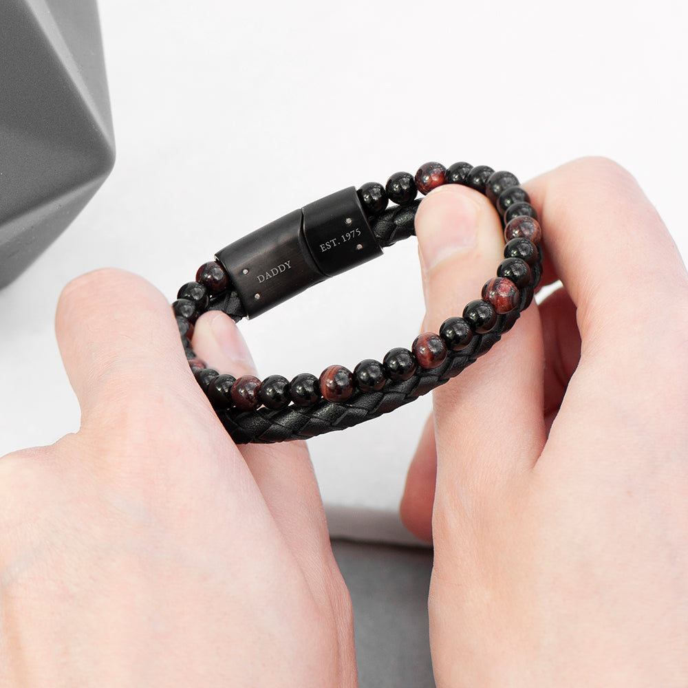 Personalised Men’s Tigers Eye Leather and Bead Bracelet - Shop Bracelets At Gift Moments - 3