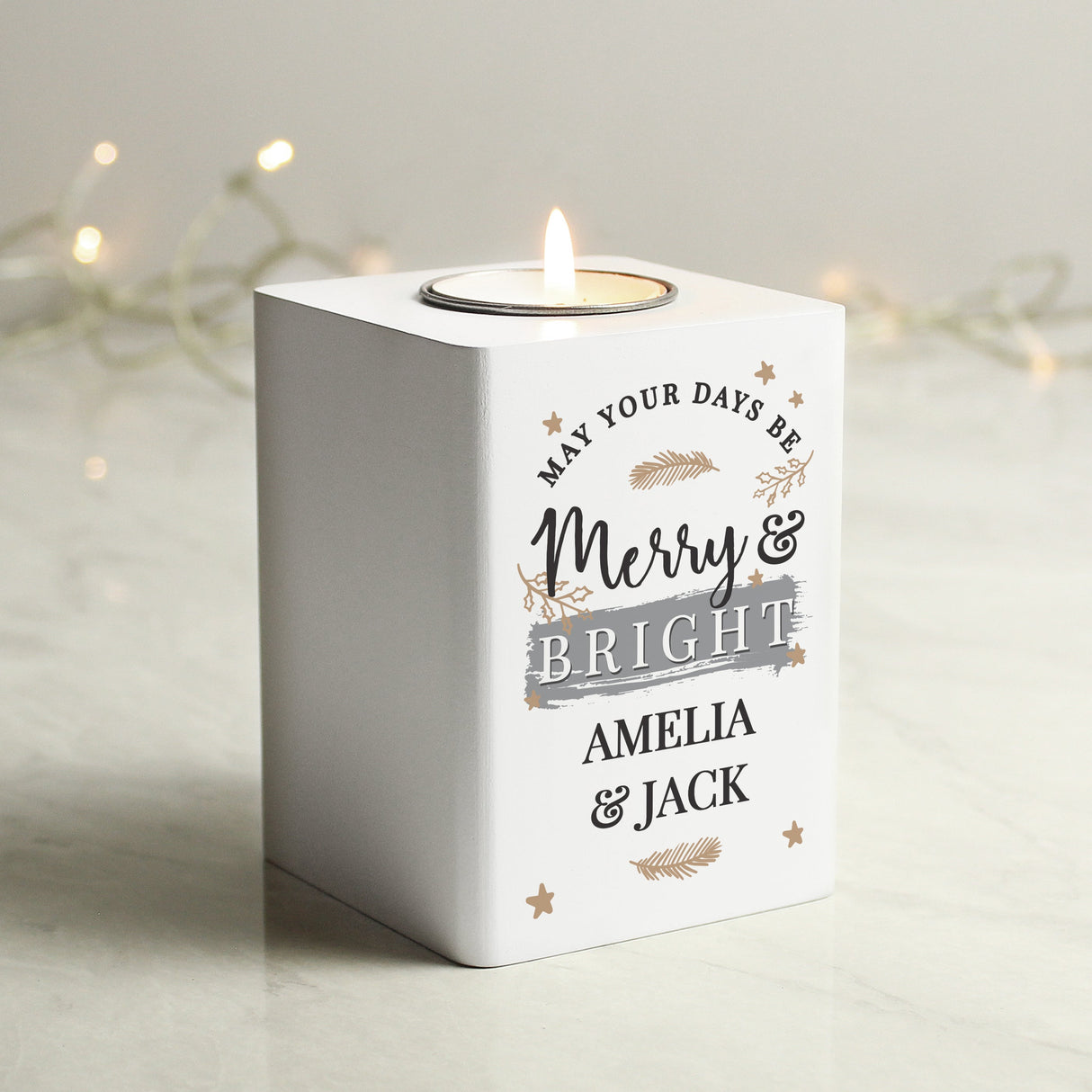 Personalised Merry & Bright White Wooden Tea light Holder: 3 - Candle Holders By Gift Moments