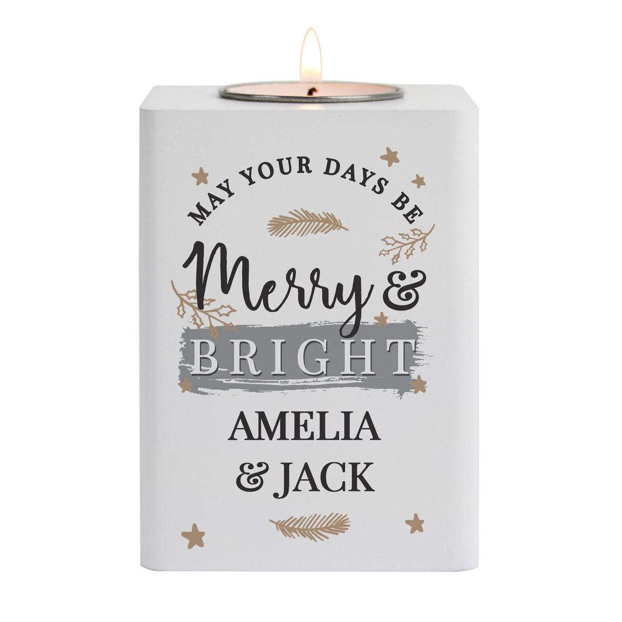 Personalised Merry & Bright White Wooden Tea light Holder: 4 - Candle Holders By Gift Moments