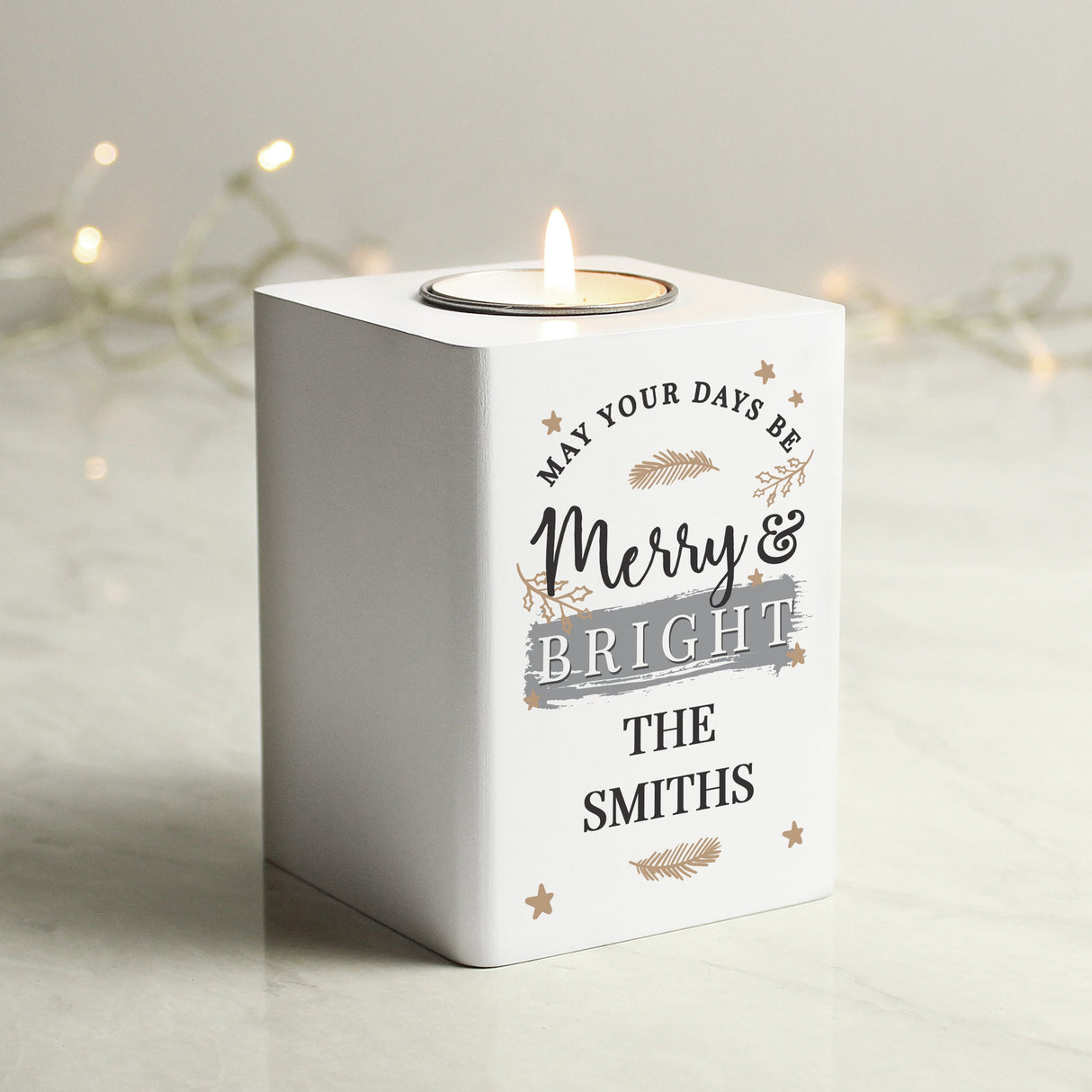 Personalised Merry & Bright White Wooden Tea light Holder: 2 - Candle Holders By Gift Moments