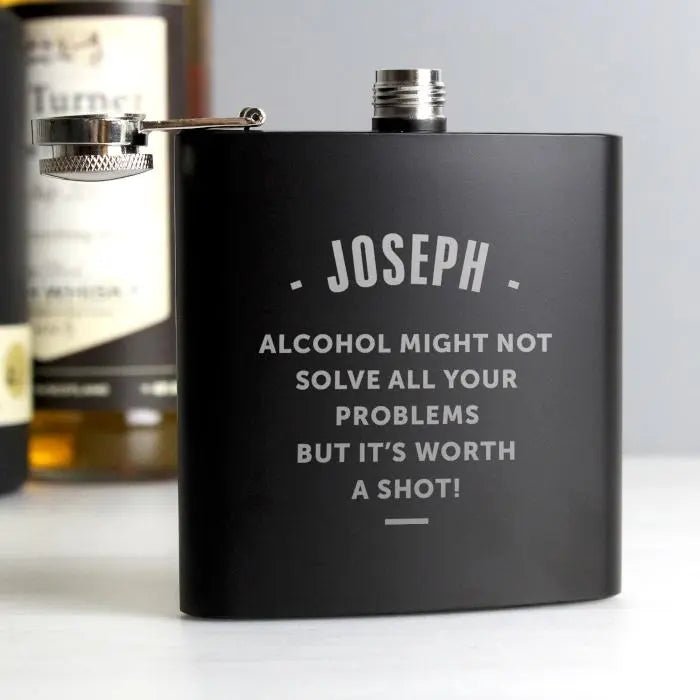 Personalised Any Message Black Hip Flask: 4 - Hip Flasks By Gift Moments