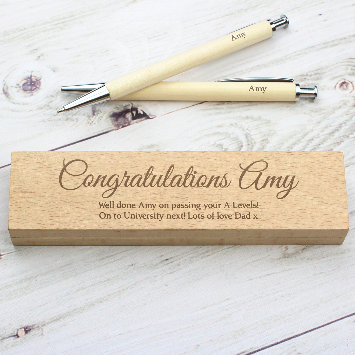 Personalised Any Message Wooden Pen & Pencil Box Set: 1 - Pens & Pencils By Gift Moments