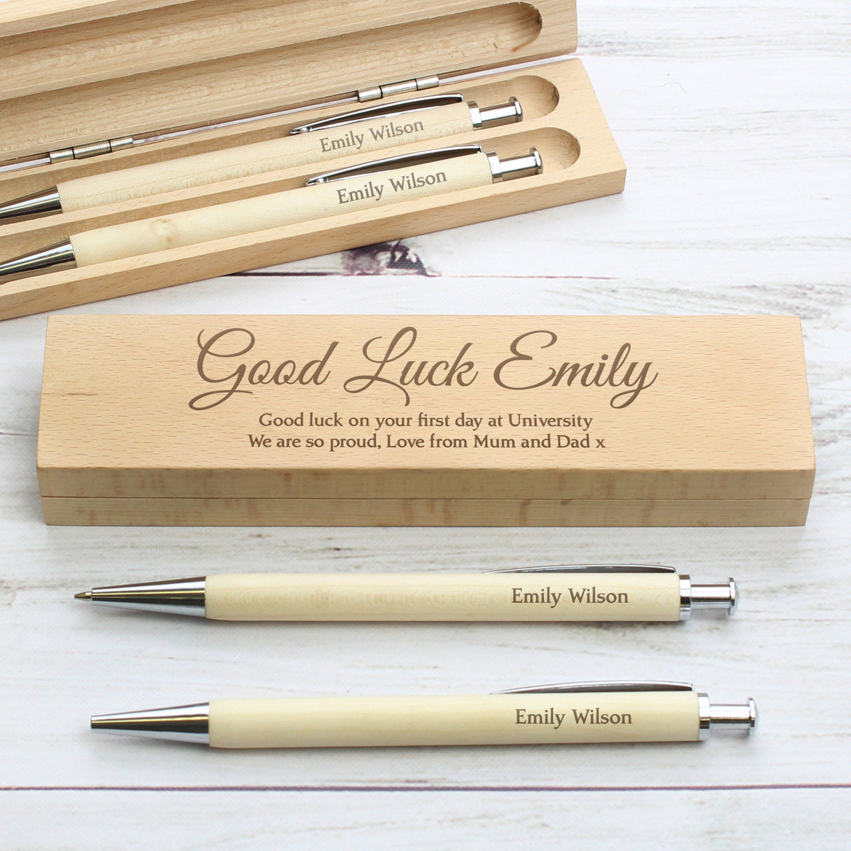 Personalised Any Message Wooden Pen & Pencil Box Set: 6 - Pens & Pencils By Gift Moments