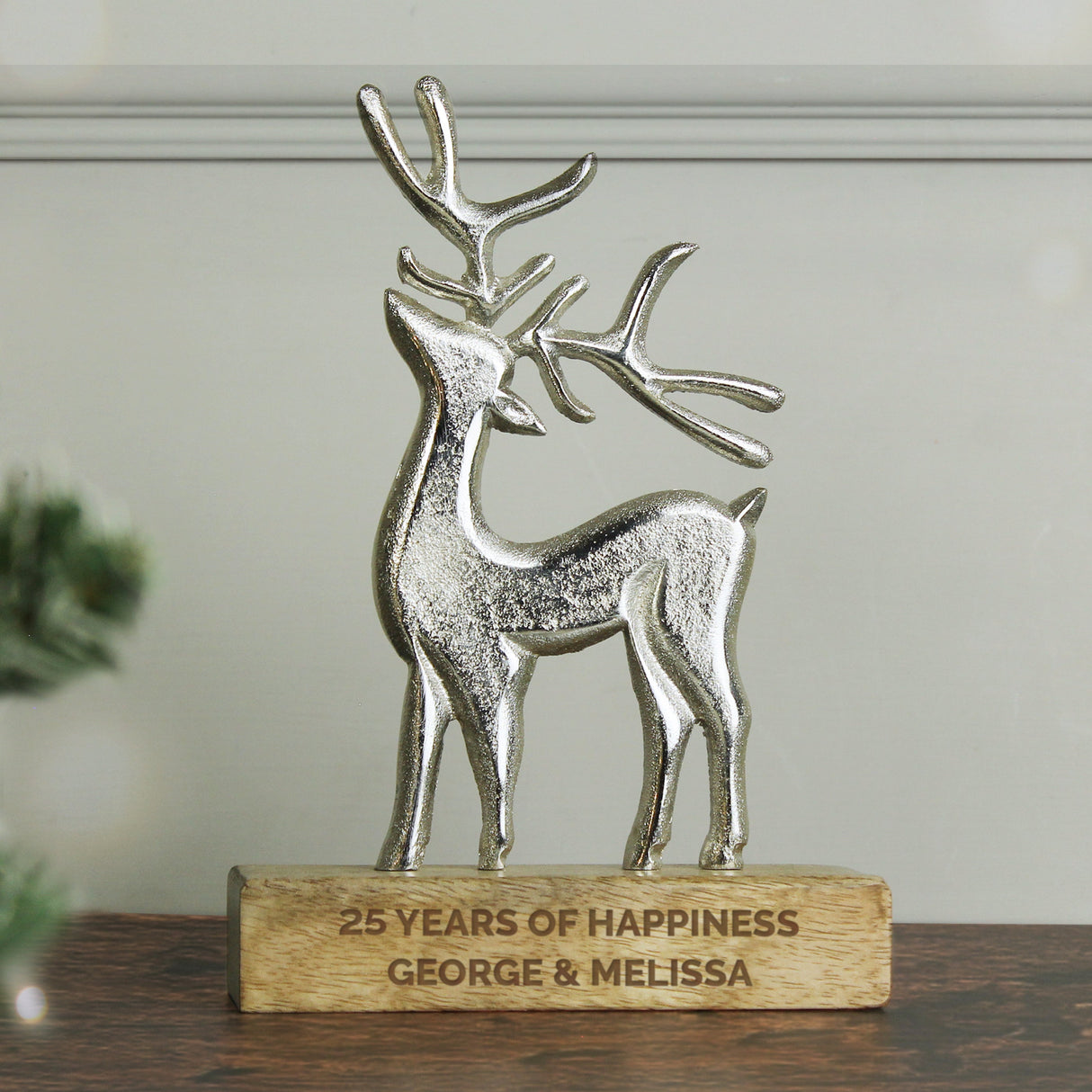 Personalised Metal Stag Ornament With Wood Base: 6 - Ornaments By Gift Moments