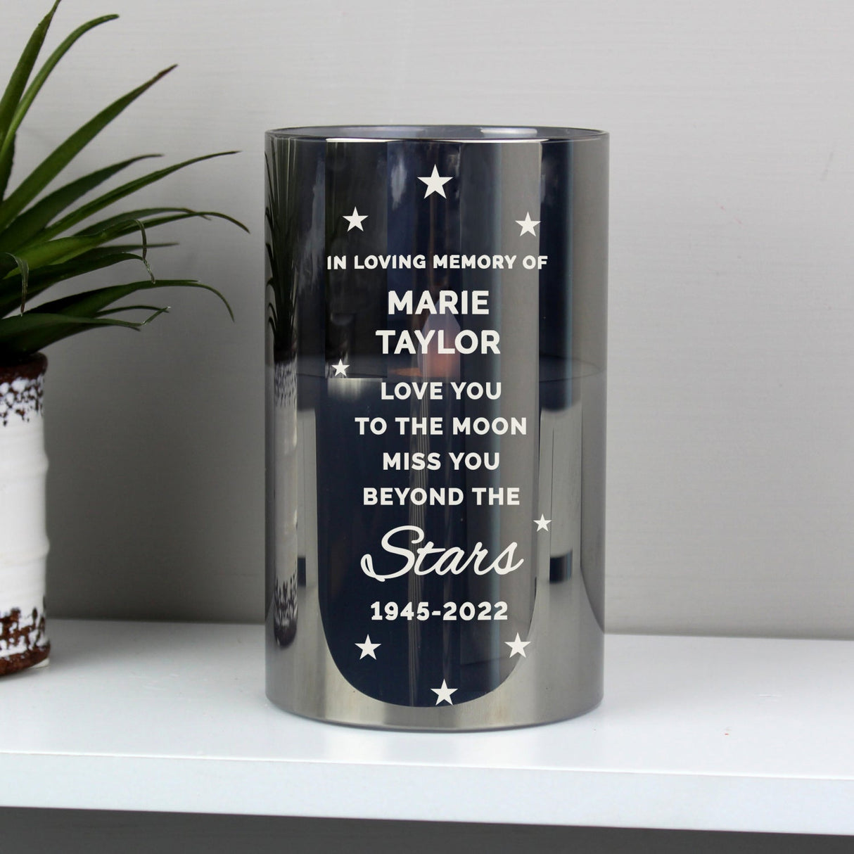 Personalised Miss You Beyond The Stars Smoked Glass LED Candle: 3 - LED Lighting By Gift Moments