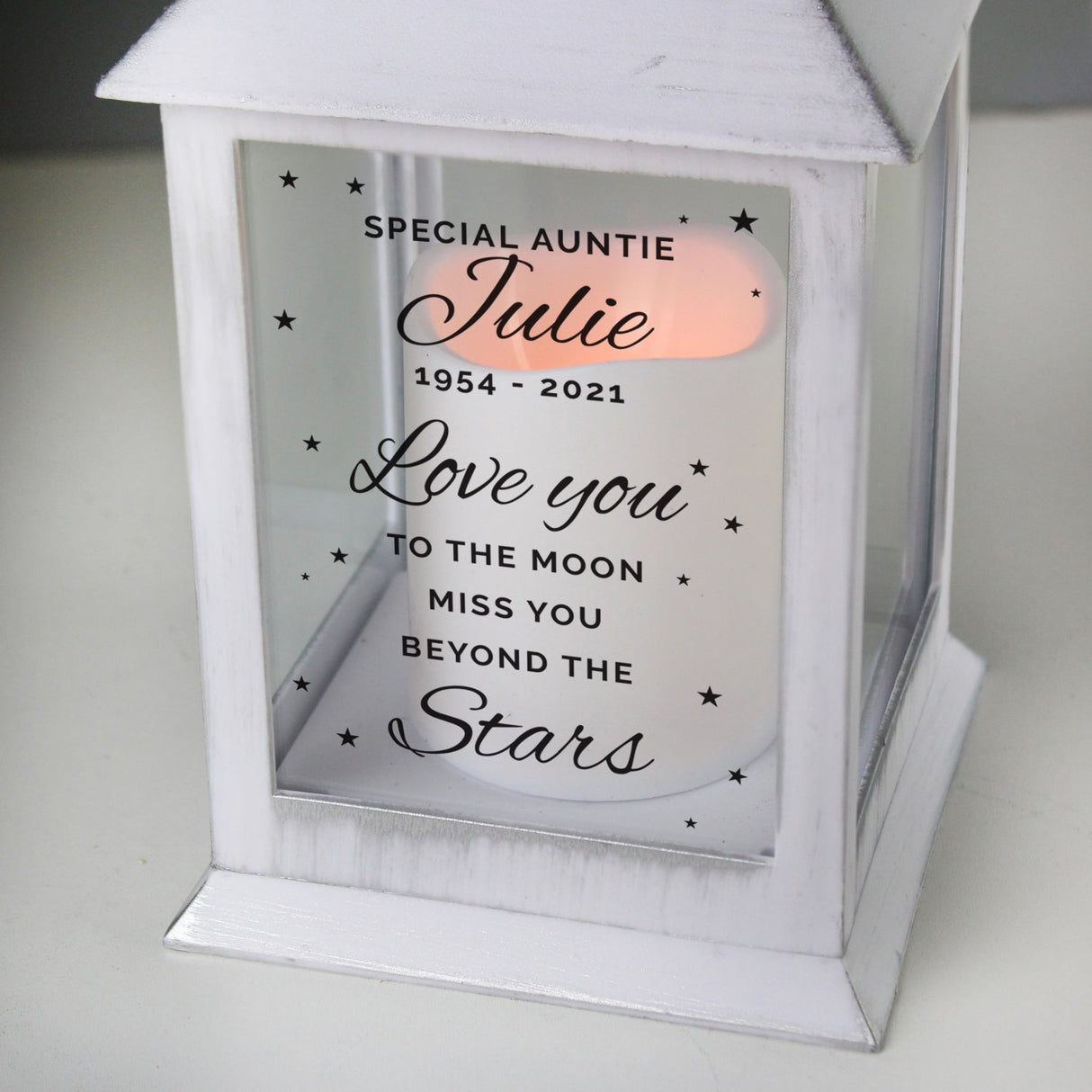 Personalised ’Miss You Beyond The Stars’ White Lantern: 3 - LED Lighting By Gift Moments